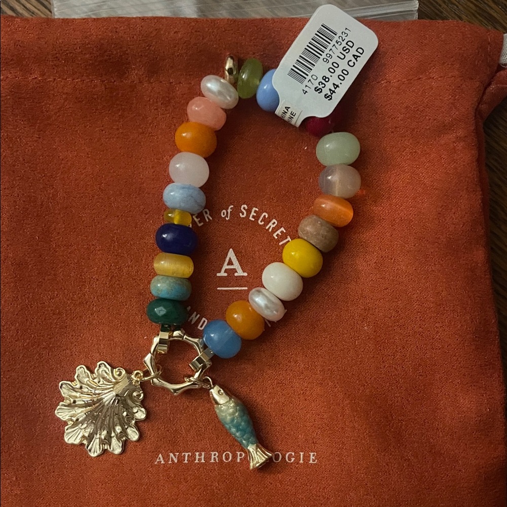 Anthropologie Colorful Beaded Bracelet with Gold Charms